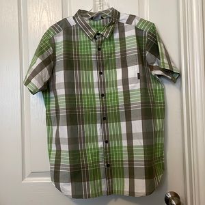 Columbia green and brown casual button up collared short sleeve shirt
